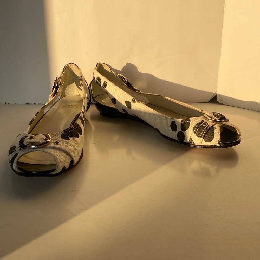 Stuart Weitzman White with Black Dots Open Toe Wedge (Size 8)